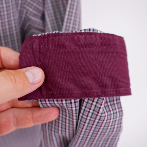 Van Heusen Slim‎ Fit Red Blue Gray Plaid Pocket Button Down Flip Cuff Large Long - Picture 4 of 13